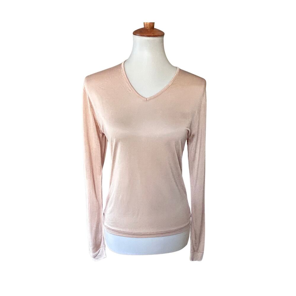 Mary Green Silk V-Neck Long Sleeve Top Nude Beige Size M